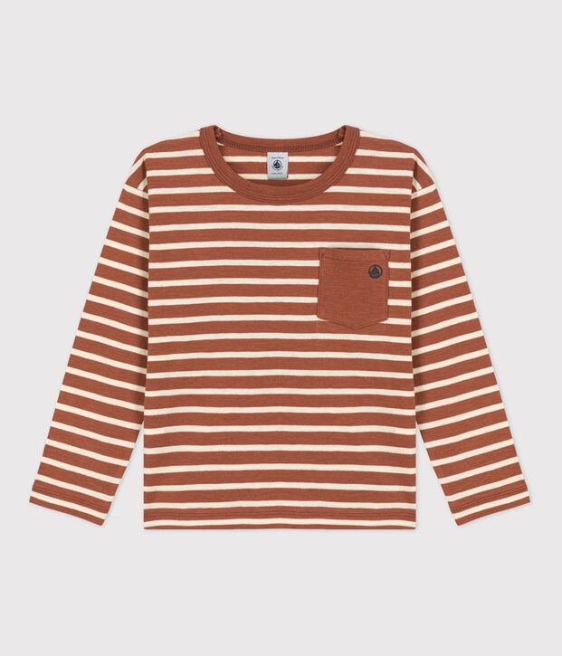 Boys' Long-Sleeved Cotton T-Shirt brown/ecru