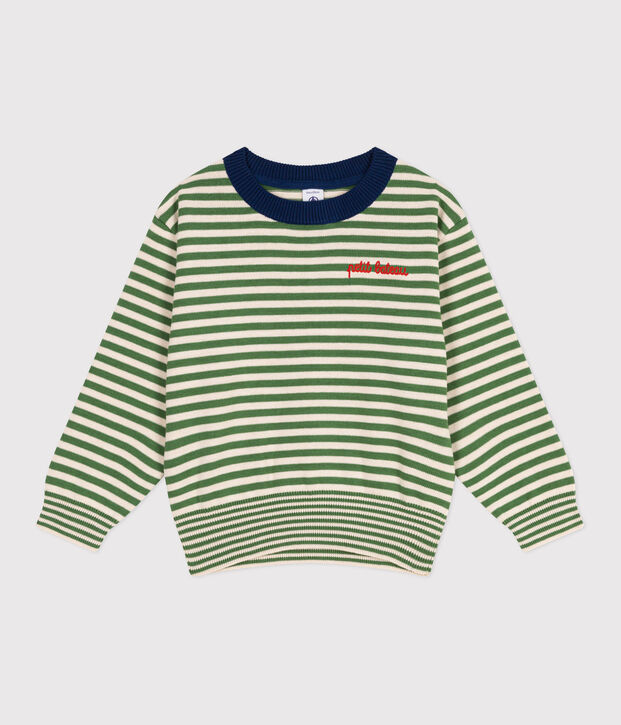 Children's stripy cotton jumper green/ecru