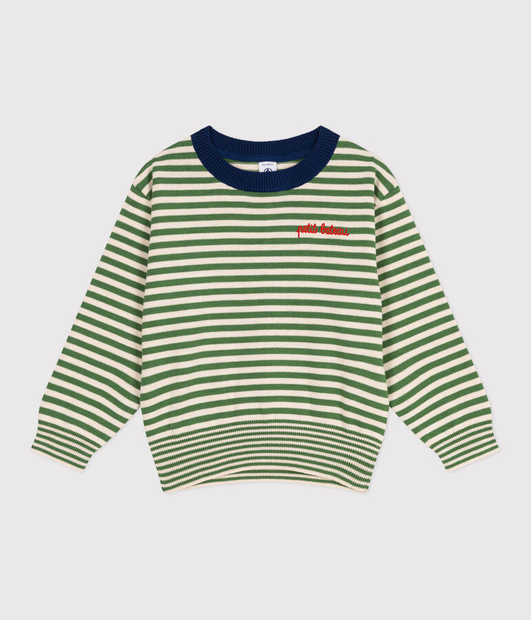 Children's stripy cotton jumper green/ecru