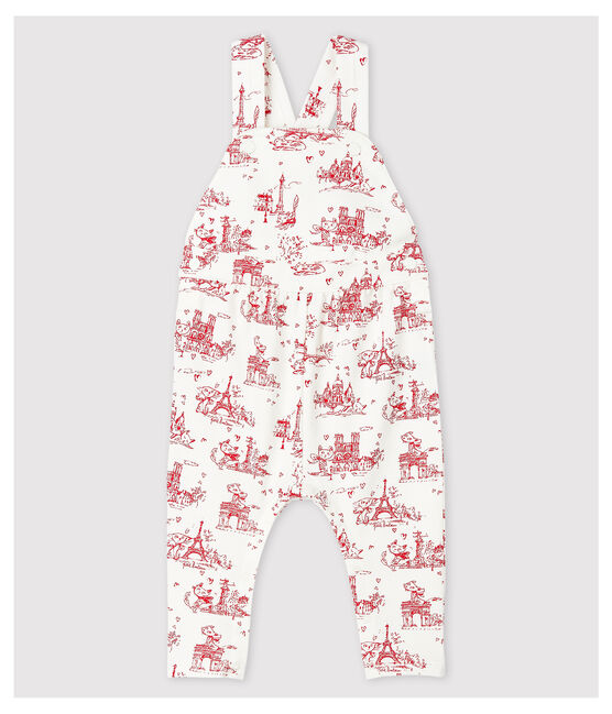 Baby Girls' Long Fleece Dungarees MARSHMALLOW white/TERKUIT red