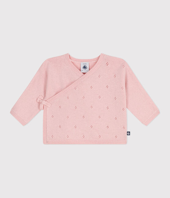 Babies' wool and cotton openwork knit wrapover top JOLI pink