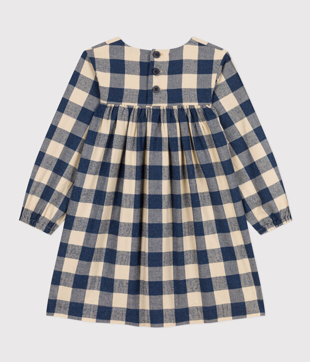 Girls' long-sleeved dress in checked cotton flannel blue/ecru