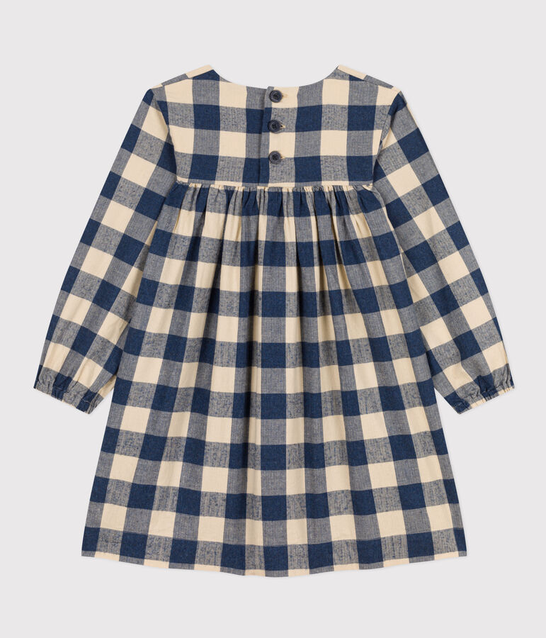Girls' long-sleeved dress in checked cotton flannel blue/ecru