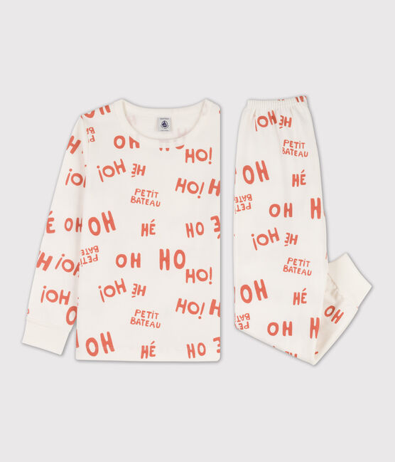 Boys' Fleece Pyjamas MARSHMALLOW white/BRANDY