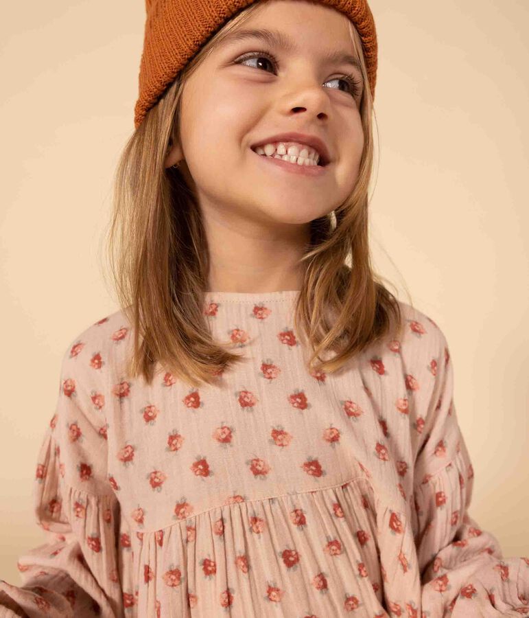 Girls' long-sleeved floral cotton gauze dress pink/multicolor