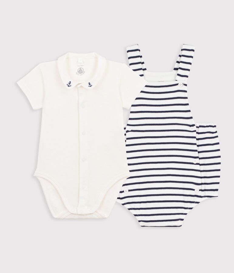 Babies' two-piece set in stripy cotton with embroidered details white/blue