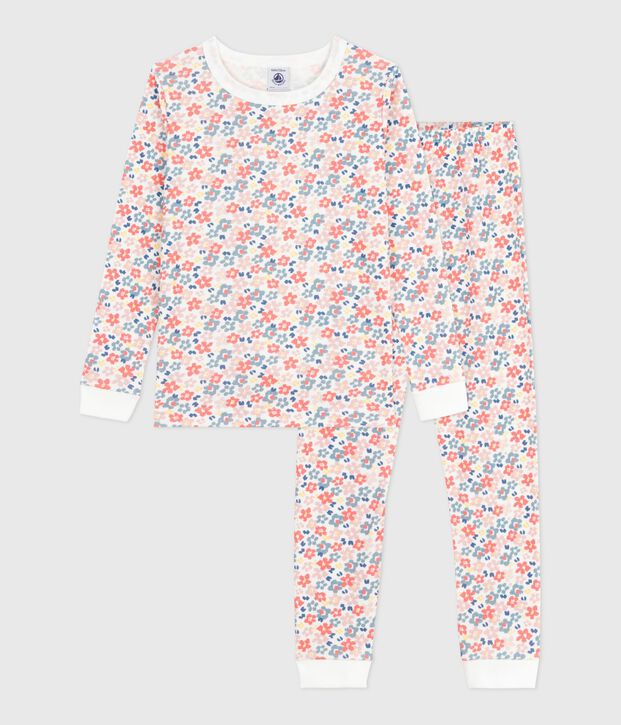 Children's pyjamas in cotton with a flower print and snug-fitting legs white/multicolor