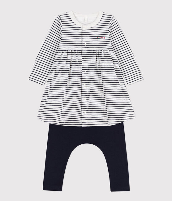 Babies' Cotton Breton Dress with Leggings MARSHMALLOW white/SMOKING blue