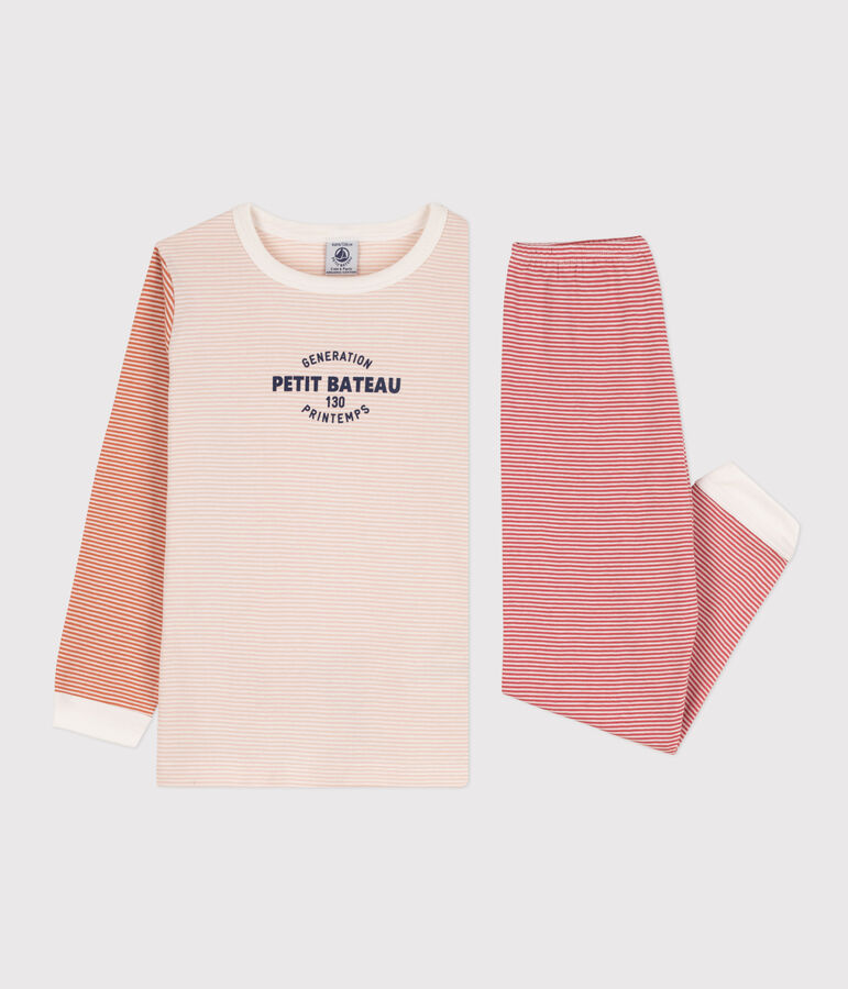 Children's Unisex Three-Tone Pinstriped Cotton Pyjamas SALINE pink/MULTICO white