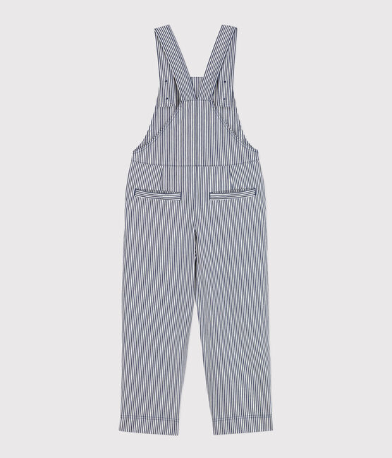 Girls' Stripy Cotton Dungarees MEDIEVAL blue/MARSHMALLOW white