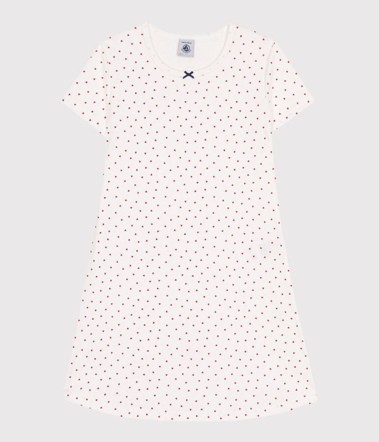 Children's short-sleeved heart-patterned cotton nightdress MARSHMALLOW white/TERKUIT red