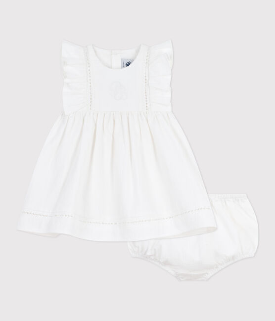 Babies' plain and embroidered sleeveless cotton dress with matching bloomers ECUME white
