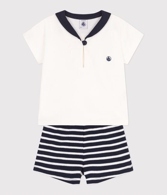 Babies' two-piece cotton set including a T-shirt with a sailor collar SMOKING blue/MARSHMALLOW white