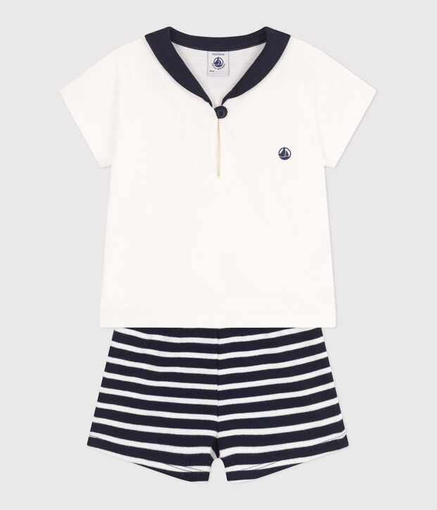 Babies' two-piece cotton set including a T-shirt with a sailor collar blue/white