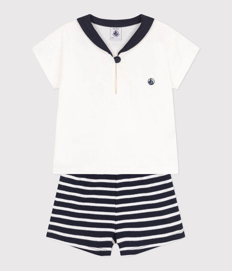 Babies' two-piece cotton set including a T-shirt with a sailor collar blue/white