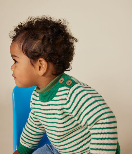 Babies' jumper in a wool and cotton knit JARDIN green/AVALANCHE