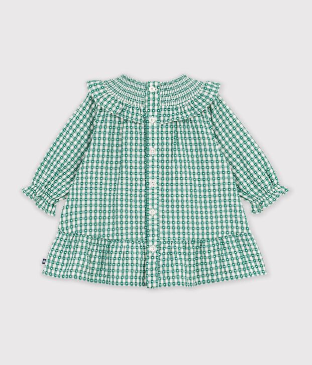 Babies' long-sleeved cotton gingham dress green/white