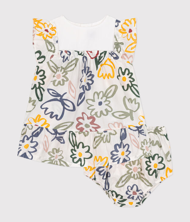 Babies' short-sleeved dress with poplin bloomers white/multicolor
