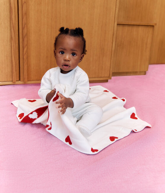 Newborn babies' cotton blanket MARSHMALLOW white/TERKUIT red