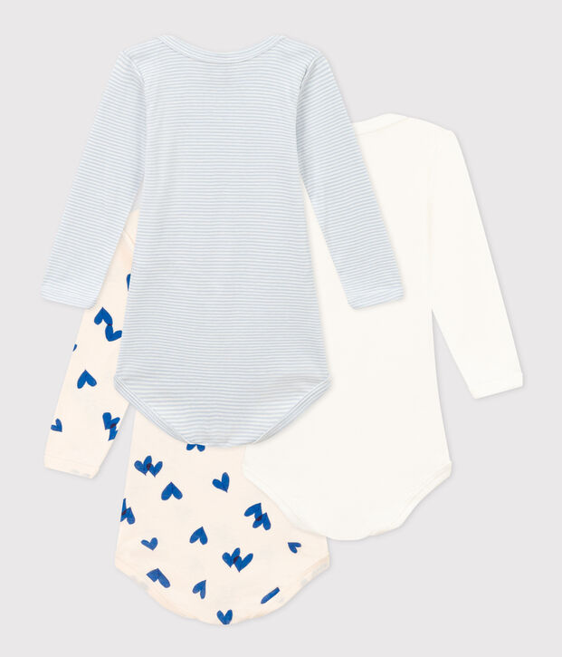 Babies' Blue Heart Patterned Long-Sleeved Cotton Bodysuits - 3-Pack multicolor