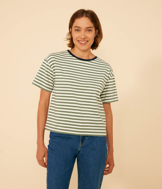 Women's Boxy Stripy Cotton T-Shirt CROCO green/AVALANCHE