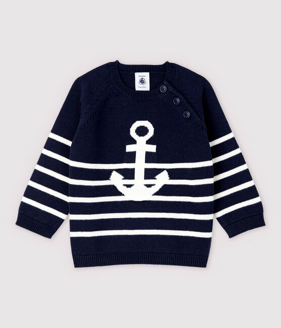 Baby Boys' Knit Cotton and Linen Blend Pullover SMOKING blue/MARSHMALLOW white