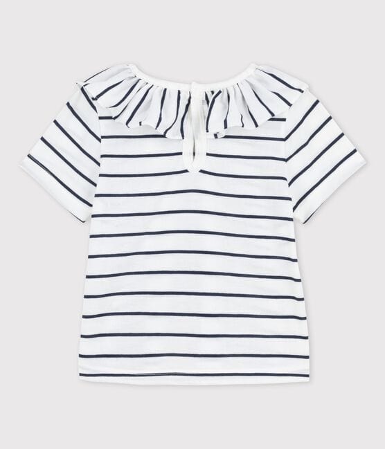 Babies' Short-Sleeved Striped Jersey Blouse MARSHMALLOW white/SMOKING blue