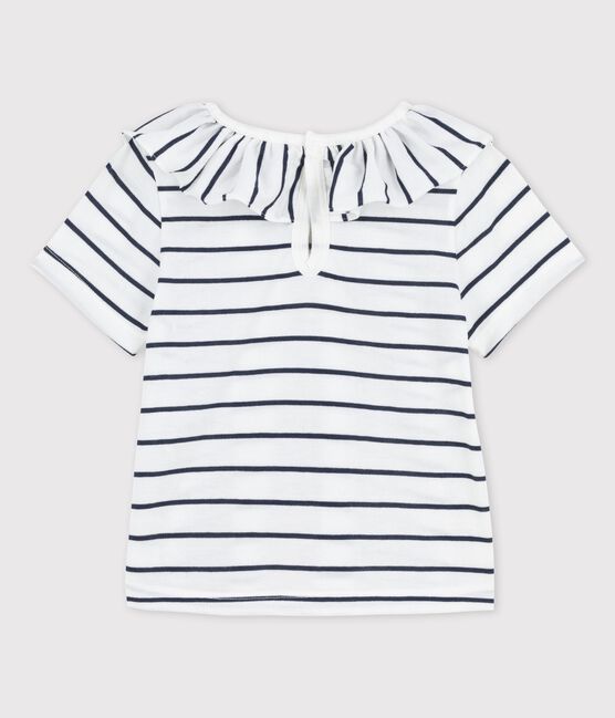 Babies' Short-Sleeved Striped Jersey Blouse MARSHMALLOW white/SMOKING blue