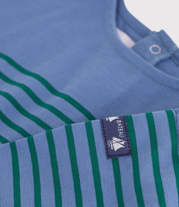 Babies' long-sleeved stripy cotton T-shirt. blue/green