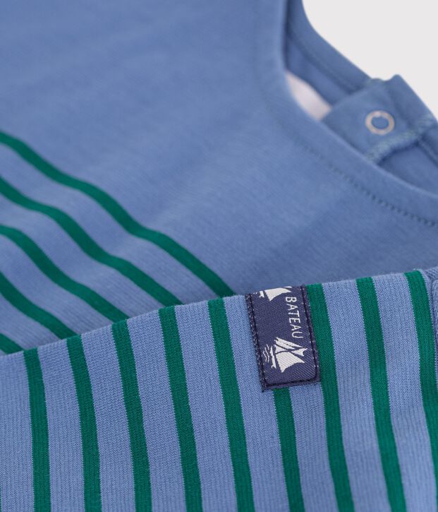 Babies' long-sleeved stripy cotton T-shirt. blue/green