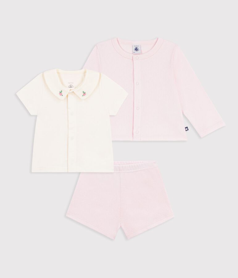 Babies' three-piece set in cotton with embroidery on the collar pink