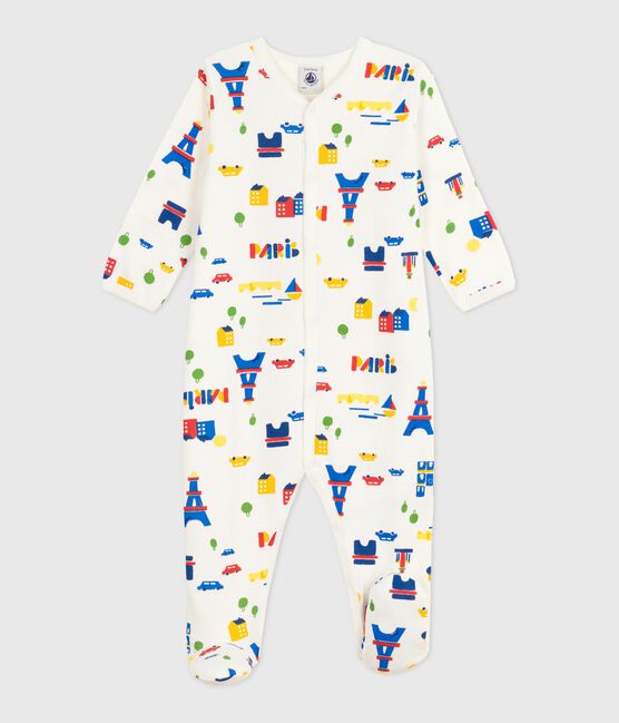Babies' brushed fleece Paris-print pyjamas with a collar MARSHMALLOW white/MULTICO white