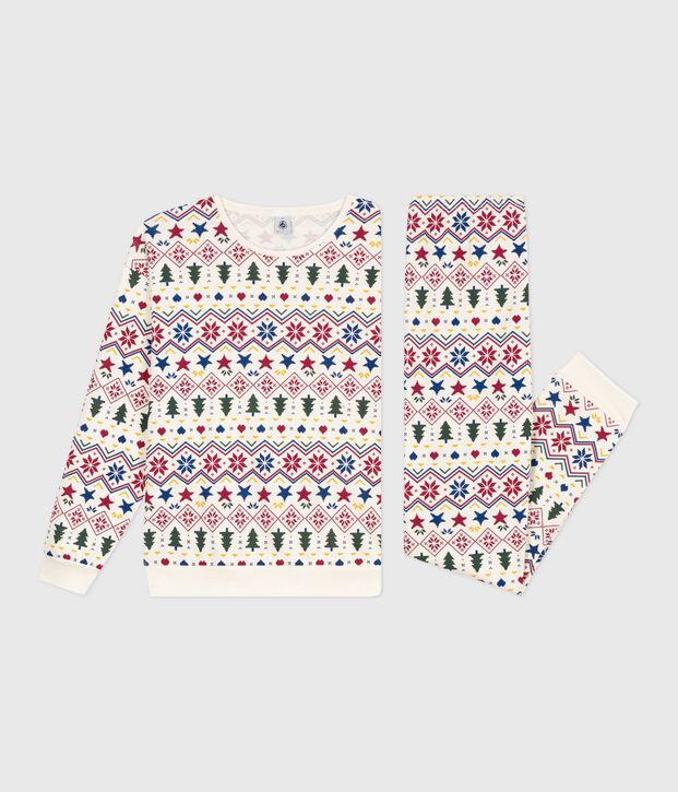 Women's Christmas print cotton pyjamas Ecru/multicolor