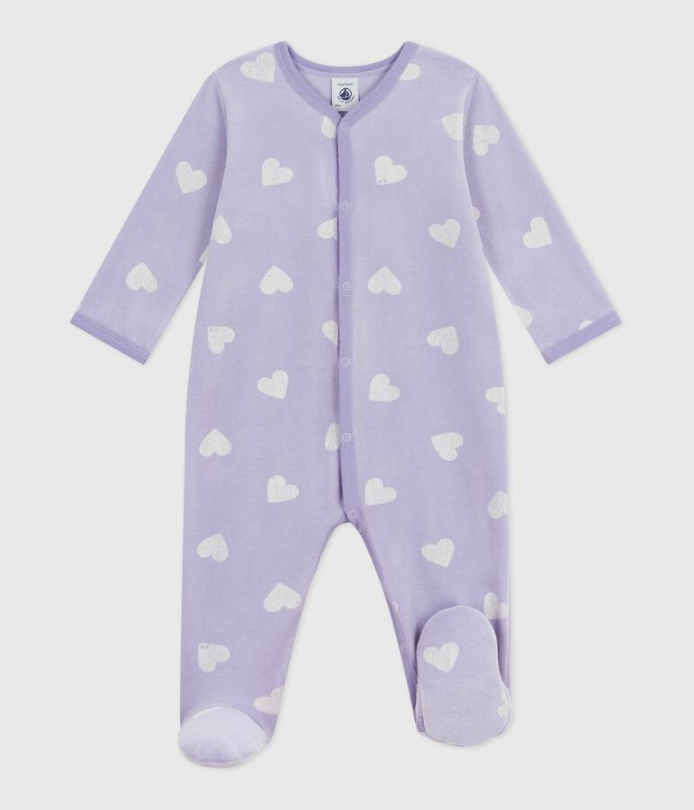 Babies' heart-print velour pyjama suit purple/white