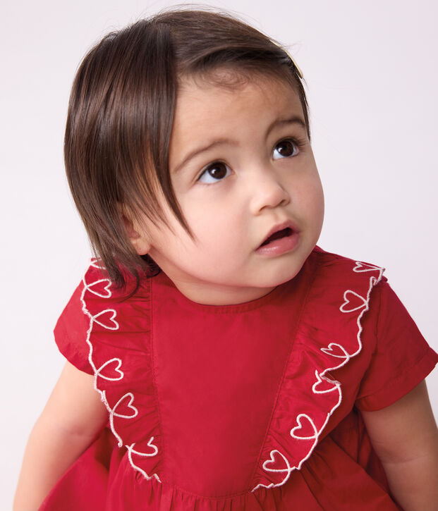 Babies' short-sleeved plain cotton dress with matching bloomers red