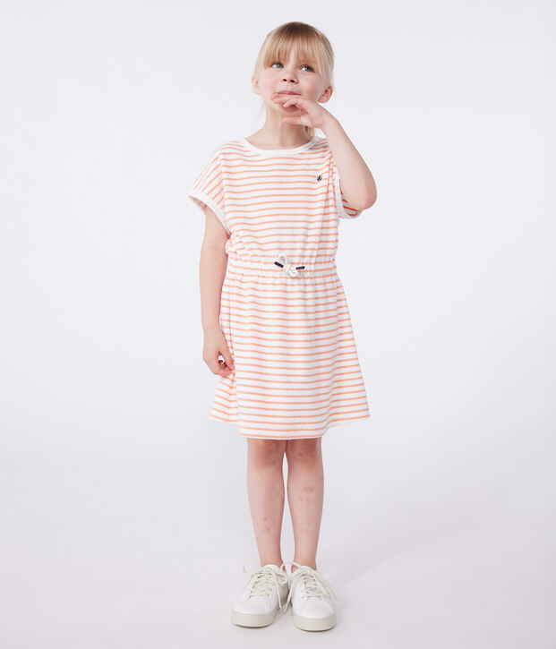 Children's short-sleeved stripy cotton towelling dress orange/orange