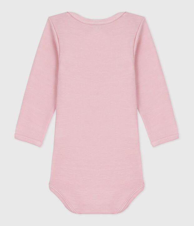 Babies' long-sleeved body in wool and cotton pink