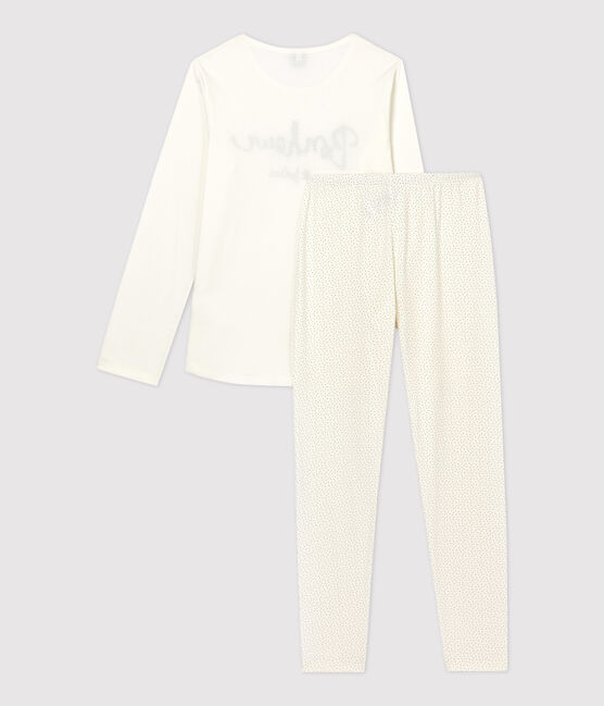 Girls' Spotted Organic Cotton Pyjamas MARSHMALLOW white/MEDIEVAL blue