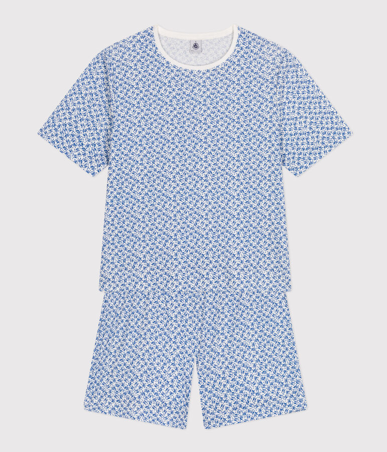 Women's Floral-pattern Cotton Pyjama Shorts and T-shirt white/blue