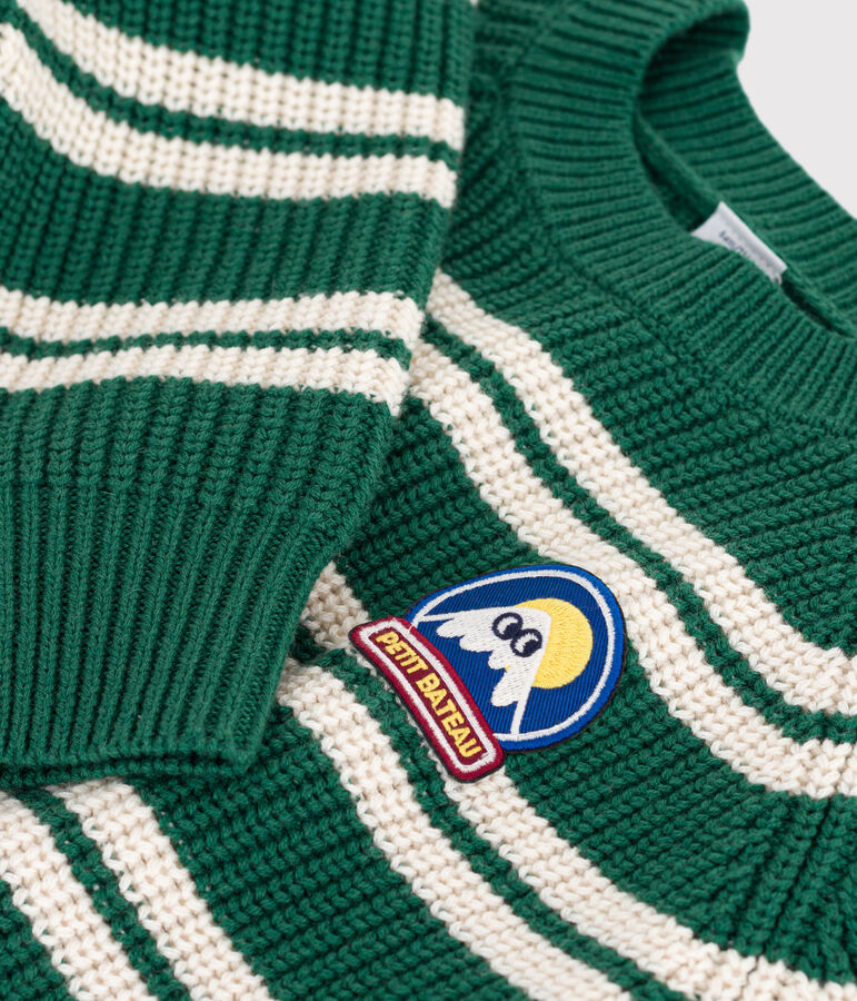 Children's stripy jumper in wool and cotton green/ecru