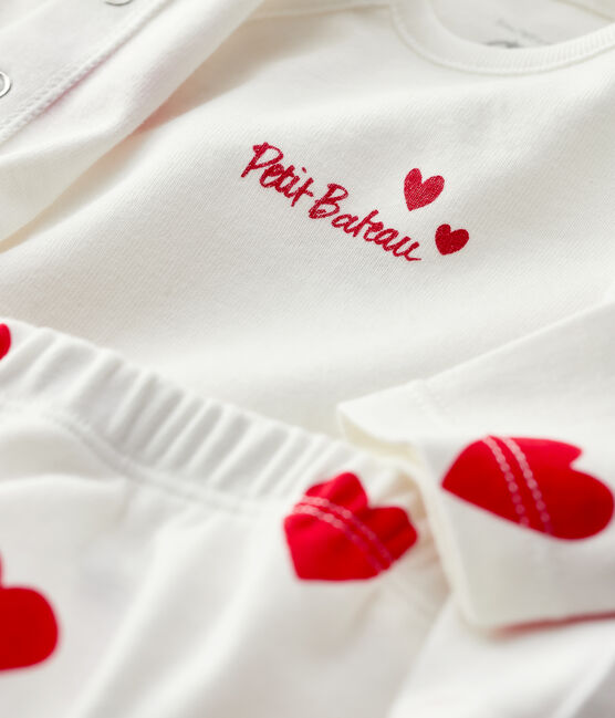 Babies' Red Heart Patterned Organic Cotton Clothing - 3-Pack MARSHMALLOW white/TERKUIT red