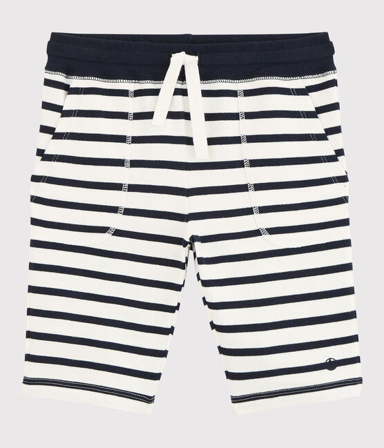 Boys' Thick Stripy Cotton Bermuda Shorts MARSHMALLOW white/SMOKING blue