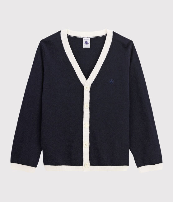 Boys' Wool and Cotton Cardigan SMOKING blue/MARSHMALLOW white