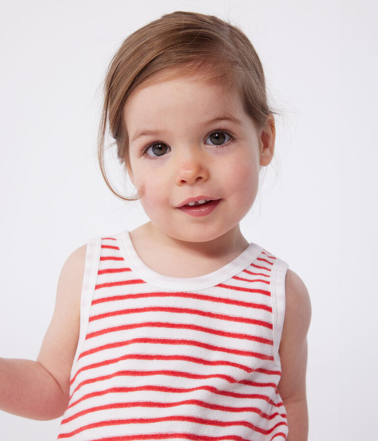 Babies' short stripy cotton jumpsuit white/red