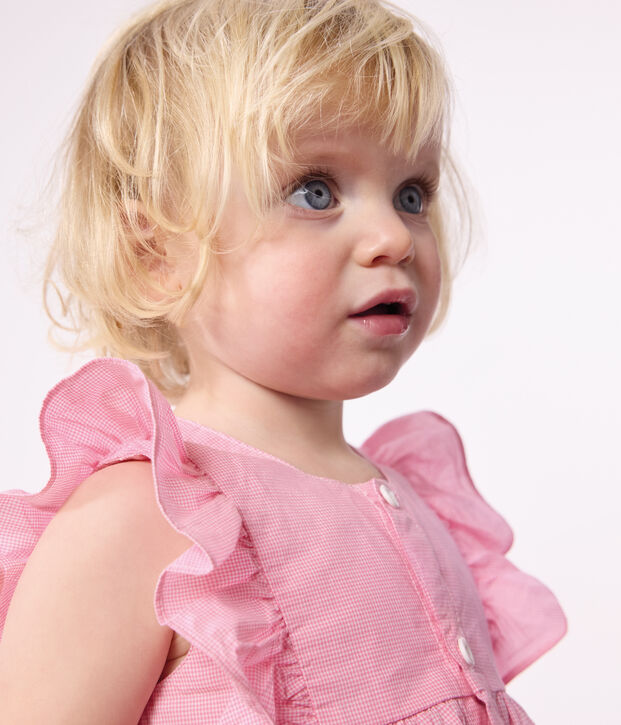 Babies' short-sleeved lightweight cotton gingham print dress and bloomers white/pink