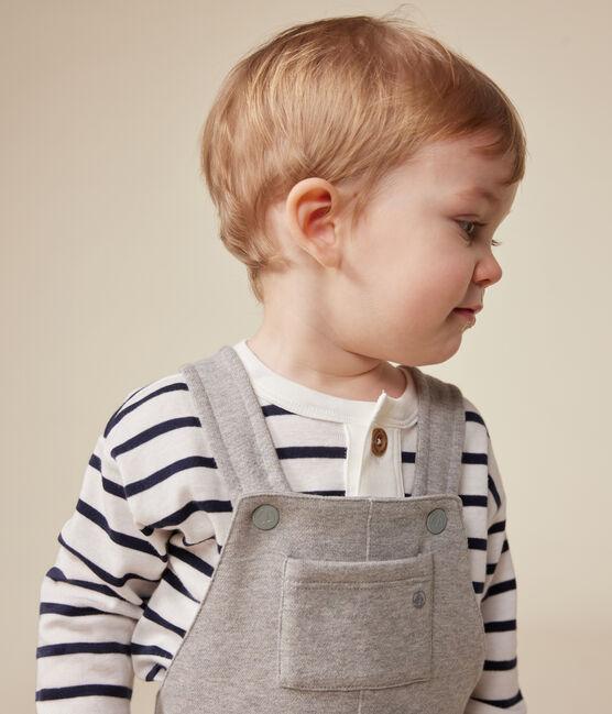 Babies' long-sleeved cotton T-Shirt MARSHMALLOW white/SMOKING blue
