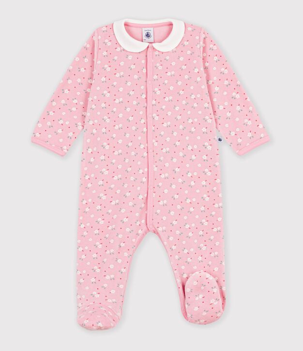 Babies' velour pyjama suit with a collar and floral print detail pink/multicolor