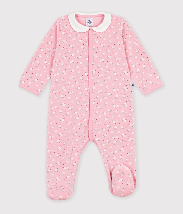 Babies' velour pyjama suit with a collar and floral print detail pink/multicolor