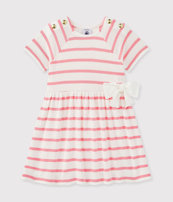 Baby girls' striped dress MARSHMALLOW white/PETAL pink