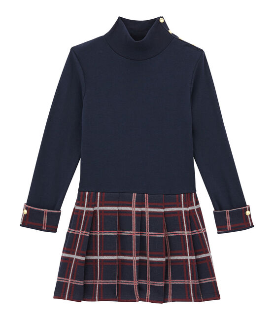 Girl's dual fabric polo neck dress SMOKING blue/MULTICO white